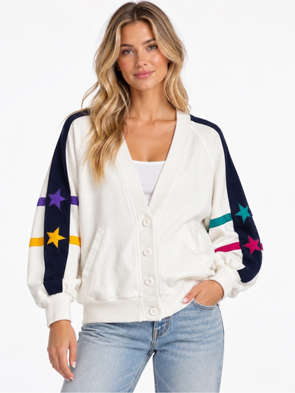 Vintage Tail USA Star Colorblock Cardigan Sweatshirt Small Made in USA